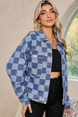 Light Blue Checkered Patchwork Button Up Denim Jacket