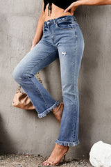 Blue Raw Hem High Waist Straight Leg Jeans