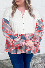 Apricot Plus Size Patchwork Textured Buttoned Blouse