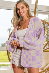 Orchid Petal Colorblock Checked Open Front Knitted Cardigan