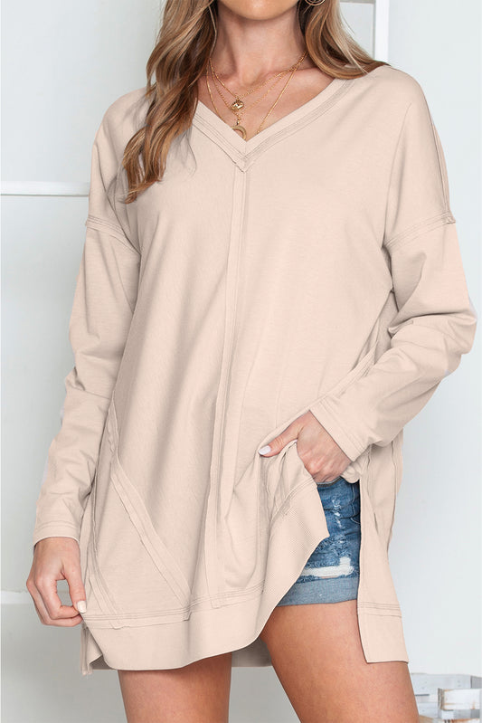 Apricot Exposed Seam V Neck Side Slits Long Sleeve Top