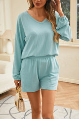 Mist Blue Corded V Neck Slouchy Top & Pocketed Shorts Set