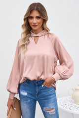 Pink Elegant Keyhole Long Sleeve Satin Blouse