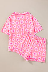 Pink 60s Flower Print Buttoned Shirt and Drawstring Waist Pajama Set