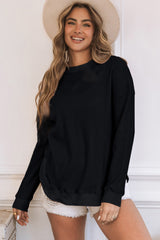 Black Crew Neck Ribbed Trim Knit Long Sleeve Top