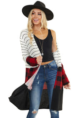 Fiery Red Plaid Colorblock Striped Cardigan