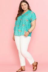 Green Cheetah Daisy Print V Neck Short Sleeve Plus Size Top