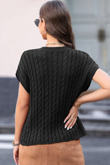 Black Cable Knit Crewneck Short Sleeve Sweater