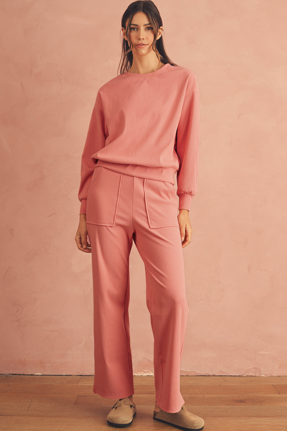 Blossom Ribbed Drop Shoulder Sweatshirt Pocketed Pants Set