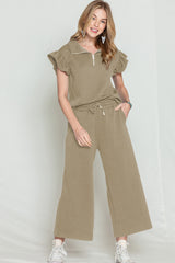 Khaki Textured Ruffle Cap Sleeve Top and Wide Leg Pants Set