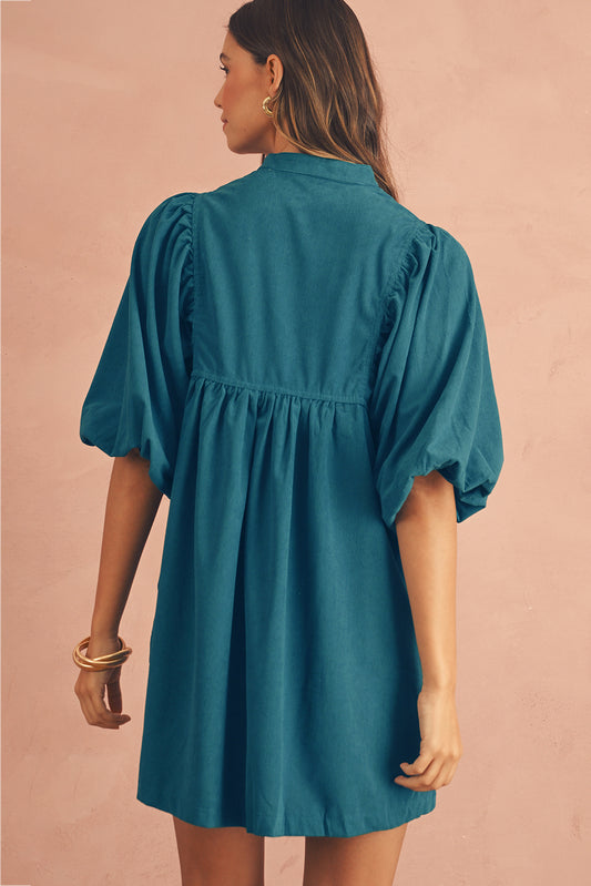 Light Blue Snap Button Empire Waist Lantern Sleeve Corduroy Dress