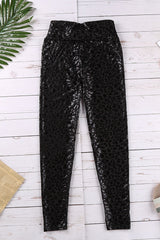 Black Casual Shiny Leopard Print Cropped Leggings