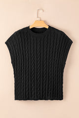 Black Cable Knit Crewneck Short Sleeve Sweater