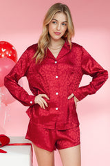 Red Leopard Satin Long Sleeve Top & Shorts Loungewear Set