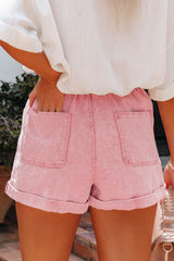 Dusty Pink Vintage Washed Frilled High Waist Denim Shorts