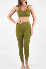 Moss Green Seamless Ribbed Spaghetti Straps Bra Leggings Sports Set