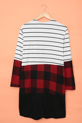 Fiery Red Plaid Colorblock Striped Cardigan