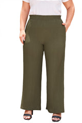 Jungle Green Plus Size Textured Shirred High Waist Pants