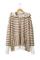 Brown Stripe Drop Sleeve Plus Size Henley Hoodie