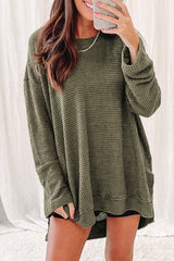 Khaki Plain Waffle Knit Drop Sleeve Side Slits Oversized Top