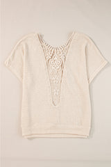 Oatmeal Guipure Lace Splicing Back Waffle Textured T-shirt