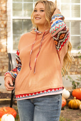 Khaki Geometric Patchwork Waffle Knit Plus Size Hoodie