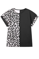 Black Leopard Print Color Block Rolled Up Sleeve Casual T Shirt