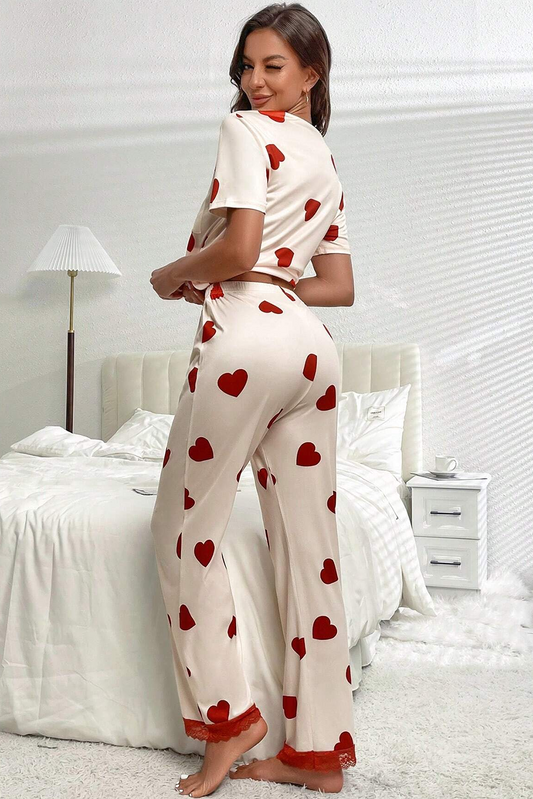 White Heart Print Tee and Lace Hem Pants Pajama Set