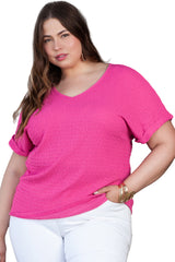 Bright Pink Textured V Neck Batwing Sleeve Plus Size Blouse