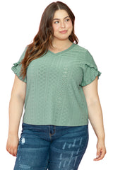 Laurel Green Petal Sleeve Jacquard V Neck Plus Size Blouse