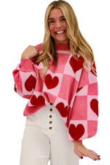 Pink Plus Size Heart Colorblock Mock Neck Lantern Sleeve Sweater