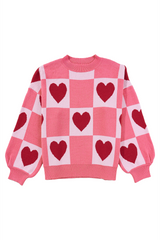 Pink Plus Size Heart Colorblock Mock Neck Lantern Sleeve Sweater