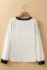 White Colorblock Edge Long Sleeve V Neck Textured Blouse