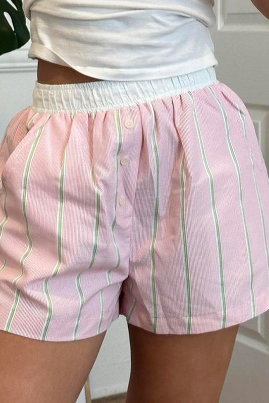 Pink Stripe Clashing Button Loose Pocket Shorts