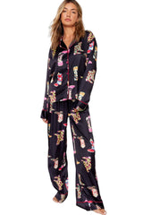 Black Boots Print Loose Shirt and Wide Leg Pajama Set