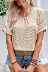 Oatmeal Guipure Lace Splicing Back Waffle Textured T-shirt