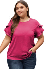 Bright Pink Ruffled Short Sleeve Plus Size Top