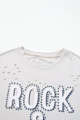 Gray Rock & Roll Graphic Ripped Oversized Tee