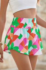 Green Abstract Print Smocked Waist Flared Shorts