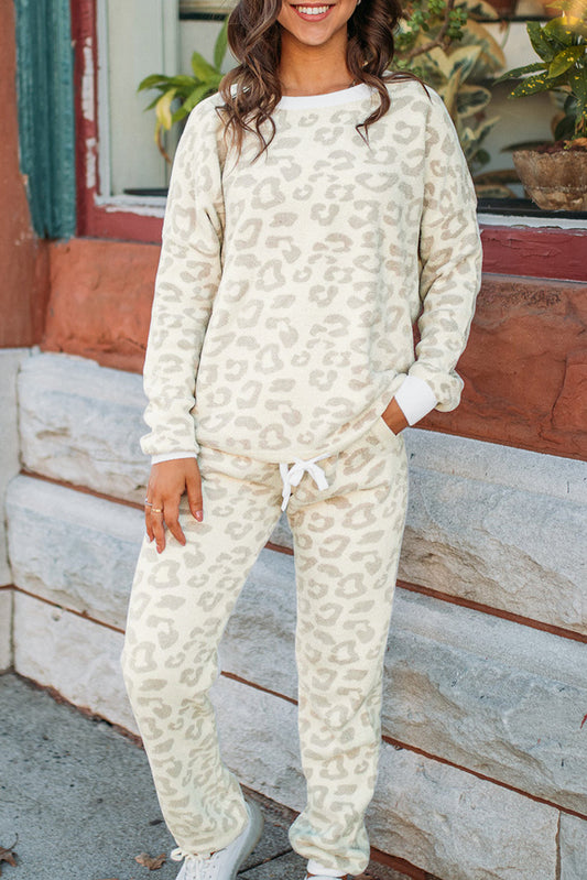 White Leopard Print Pullover and Drawstring Pants Loungewear Set