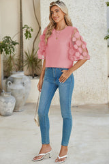 Dusty Pink Applique Mesh Splicing Sleeve Blouse