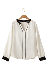 White Colorblock Edge Long Sleeve V Neck Textured Blouse