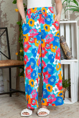 Multicolor Floral Abstract Print Drawstring Wide Waistband Pants