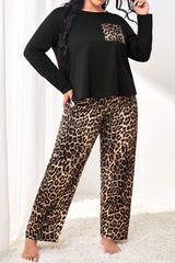 Black Leopard Patched Pocket Long Sleeve Top Plus Size Pajama Set