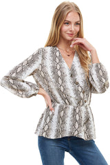 Snake V neck Button Front Peplum Long Sleeve Blouse Top