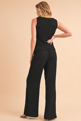 Black Crinkled U Neck Tank and Wide Leg Pants Set