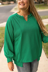 Bright Green Exposed Seam Notched Neck Plus Size Sweatshirt