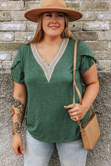 Blackish Green Plus Size Contrast V Neck Draped Sleeve Blouse