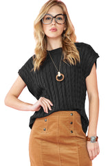 Black Cable Knit Crewneck Short Sleeve Sweater