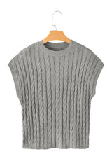 Black Cable Knit Crewneck Short Sleeve Sweater